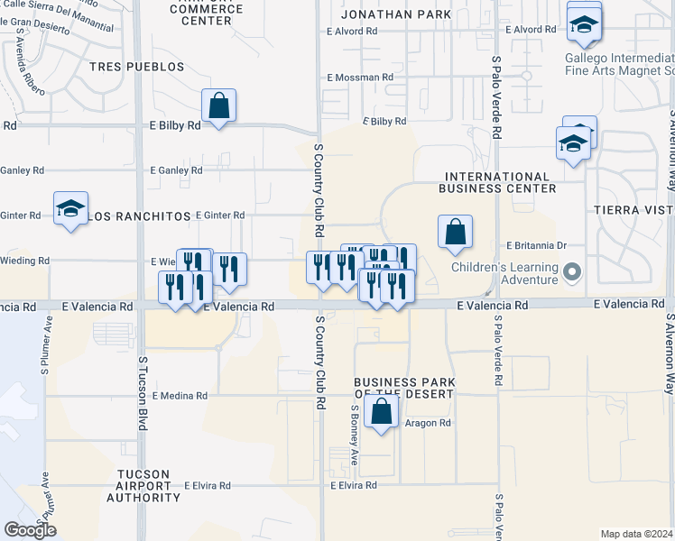 map of restaurants, bars, coffee shops, grocery stores, and more near 6401 South Country Club Road in Tucson