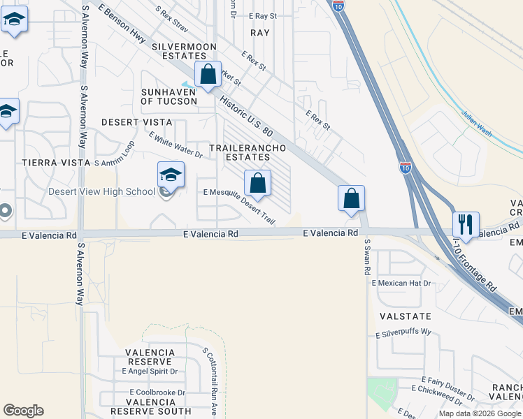 map of restaurants, bars, coffee shops, grocery stores, and more near 4413 East Mesquite Desert Trail in Tucson