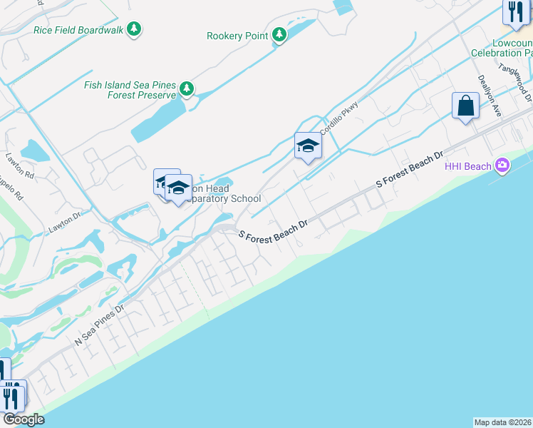 map of restaurants, bars, coffee shops, grocery stores, and more near 219 Cordillo Parkway in Hilton Head Island