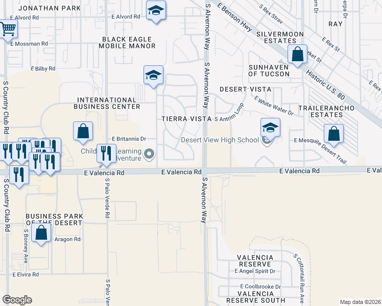 map of restaurants, bars, coffee shops, grocery stores, and more near 6434 South Sunrise Valley Drive in Tucson