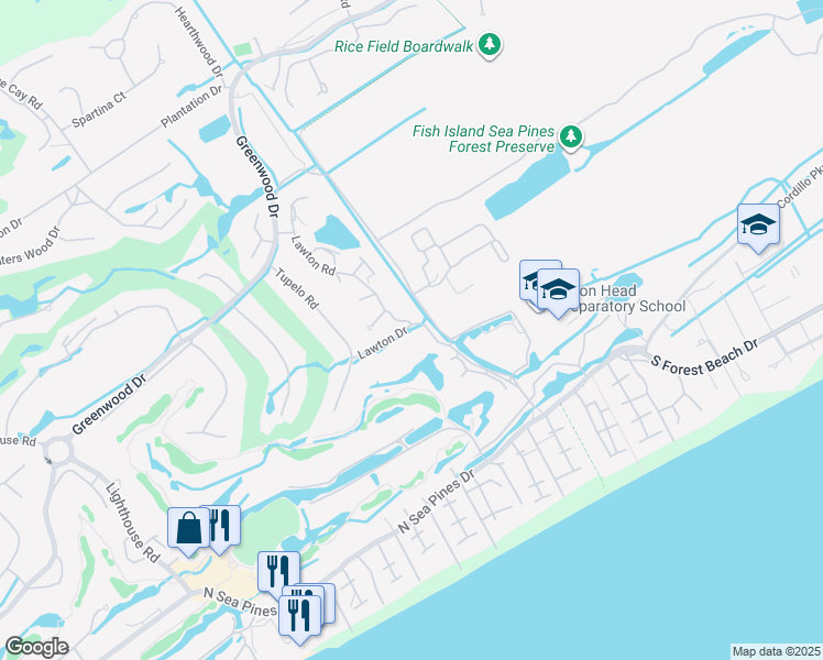 map of restaurants, bars, coffee shops, grocery stores, and more near 2 Lawton Road in Hilton Head Island