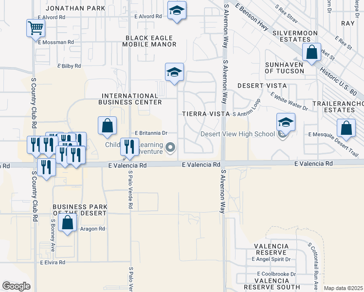 map of restaurants, bars, coffee shops, grocery stores, and more near 6424 South Bright Sun Avenue in Tucson
