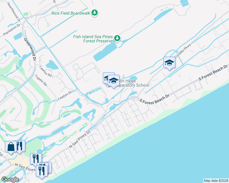 map of restaurants, bars, coffee shops, grocery stores, and more near 9 Fox Grape Road in Hilton Head Island