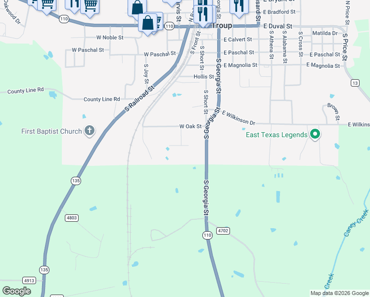 map of restaurants, bars, coffee shops, grocery stores, and more near 408 West Oak Street in Troup