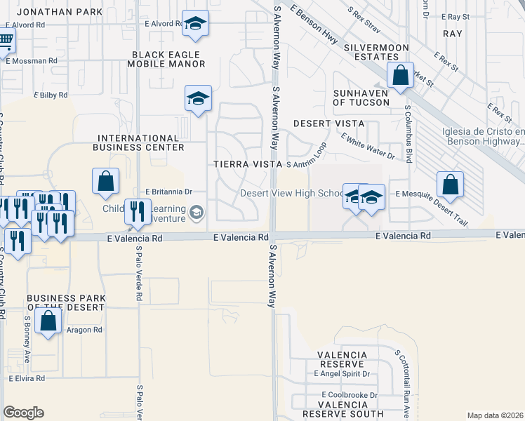 map of restaurants, bars, coffee shops, grocery stores, and more near 3892 East Sun View Court in Tucson