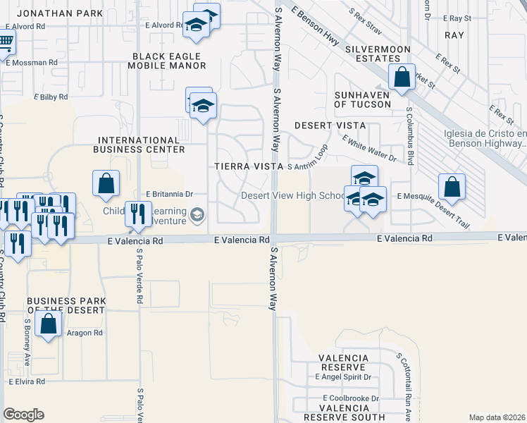 map of restaurants, bars, coffee shops, grocery stores, and more near 3892 East Sun View Court in Tucson