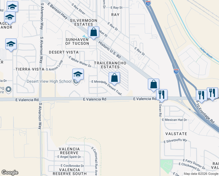 map of restaurants, bars, coffee shops, grocery stores, and more near 4366 East Mesquite Desert Trail in Tucson