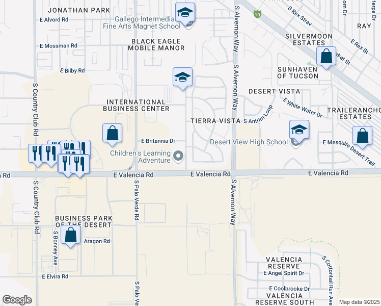 map of restaurants, bars, coffee shops, grocery stores, and more near 6418 South Bright Sun Avenue in Tucson