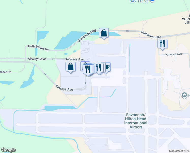 map of restaurants, bars, coffee shops, grocery stores, and more near 400 Airways Avenue in Savannah