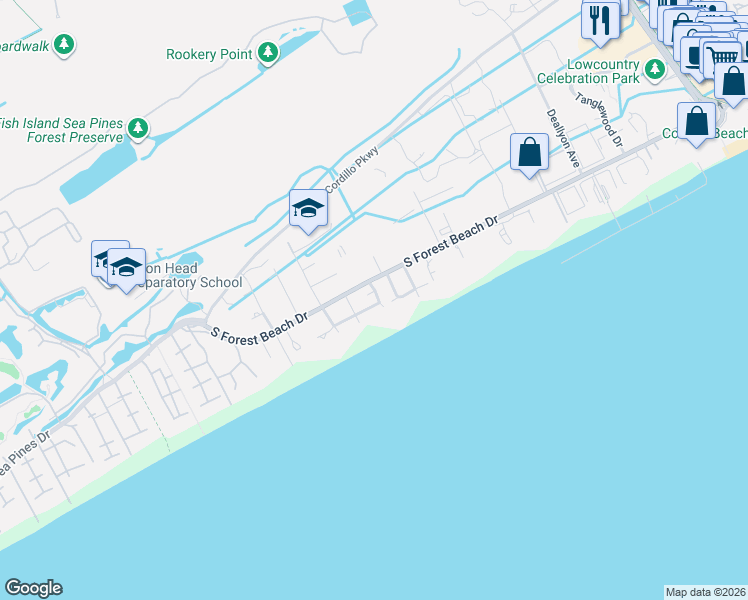 map of restaurants, bars, coffee shops, grocery stores, and more near 4 Dogwood Lane in Hilton Head Island