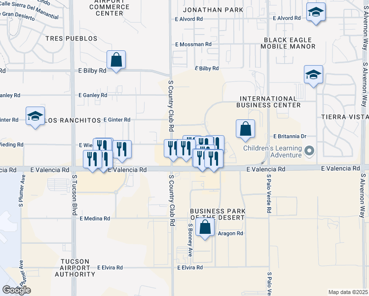map of restaurants, bars, coffee shops, grocery stores, and more near 6431 South Country Club Road in Tucson