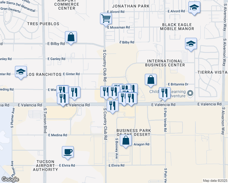 map of restaurants, bars, coffee shops, grocery stores, and more near 6431 South Country Club Road in Tucson