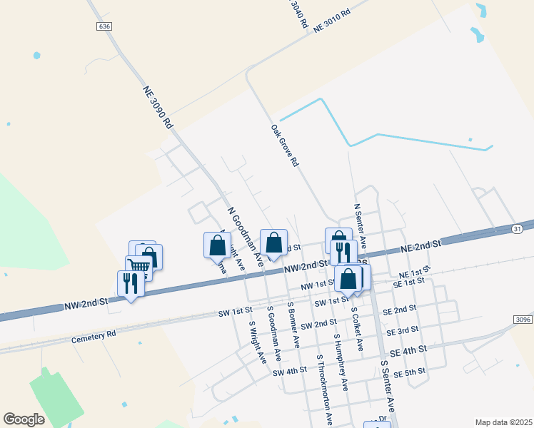 map of restaurants, bars, coffee shops, grocery stores, and more near 304 Reed Circle in Kerens