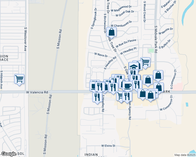 map of restaurants, bars, coffee shops, grocery stores, and more near 1970 West Valencia Road in Tucson