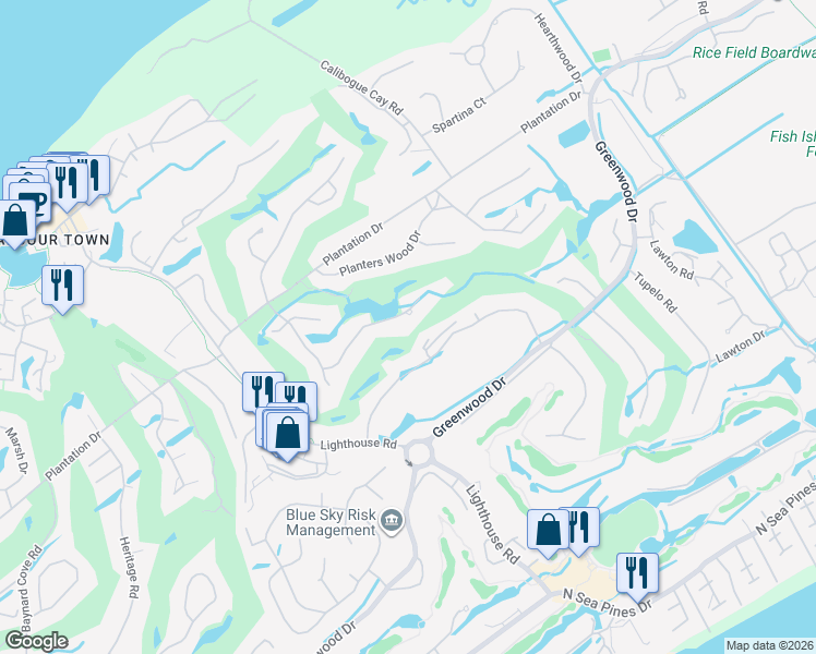 map of restaurants, bars, coffee shops, grocery stores, and more near 22 Ridgewood Lane in Hilton Head Island