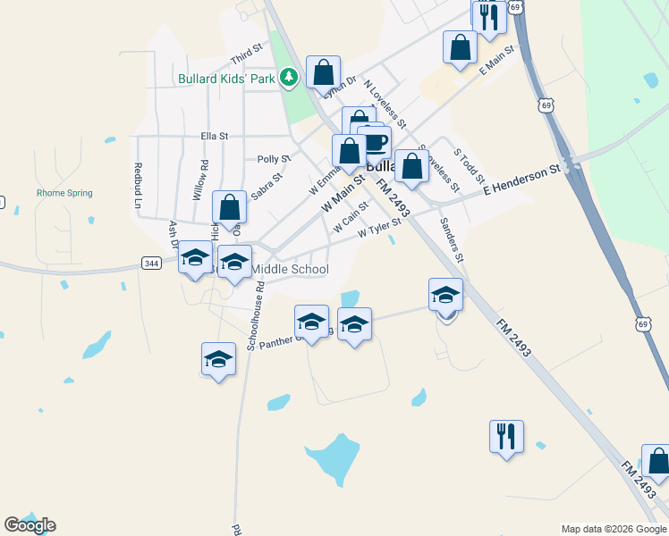 map of restaurants, bars, coffee shops, grocery stores, and more near 310 Hunter Street in Bullard