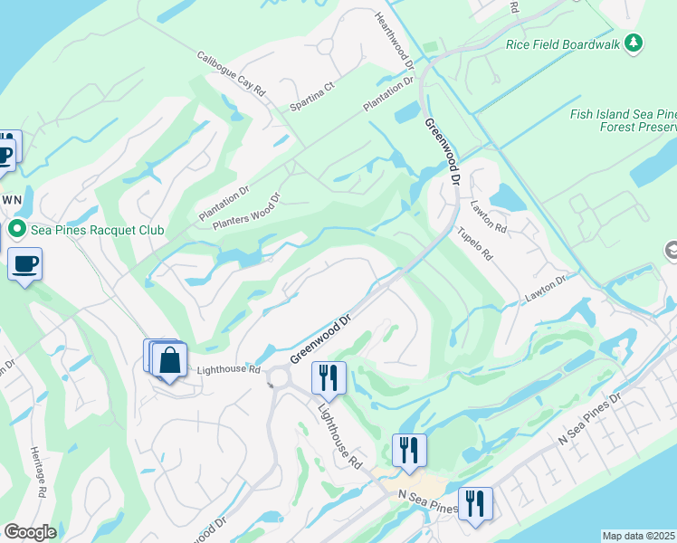 map of restaurants, bars, coffee shops, grocery stores, and more near 13 Willow Oak Road West in Hilton Head Island