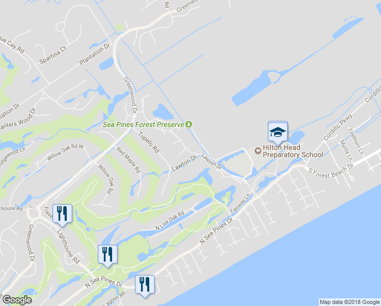 map of restaurants, bars, coffee shops, grocery stores, and more near 2 Lawton Road in Hilton Head Island