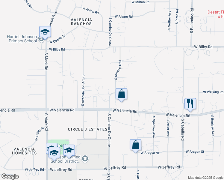 map of restaurants, bars, coffee shops, grocery stores, and more near 6362 South Speaks Trail in Tucson