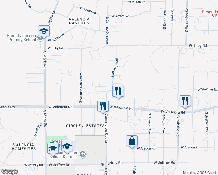 map of restaurants, bars, coffee shops, grocery stores, and more near 6362 South Speaks Trail in Tucson
