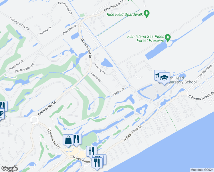 map of restaurants, bars, coffee shops, grocery stores, and more near 17 Tupelo Road in Hilton Head Island