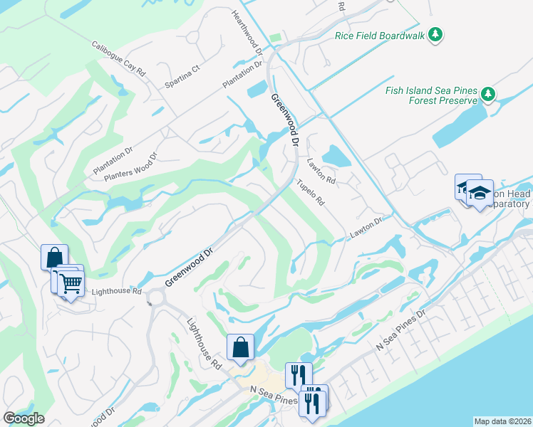 map of restaurants, bars, coffee shops, grocery stores, and more near 2 Red Maple Road in Hilton Head Island