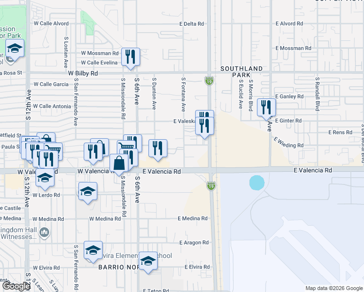 map of restaurants, bars, coffee shops, grocery stores, and more near 6370 South Fontana Avenue in Tucson