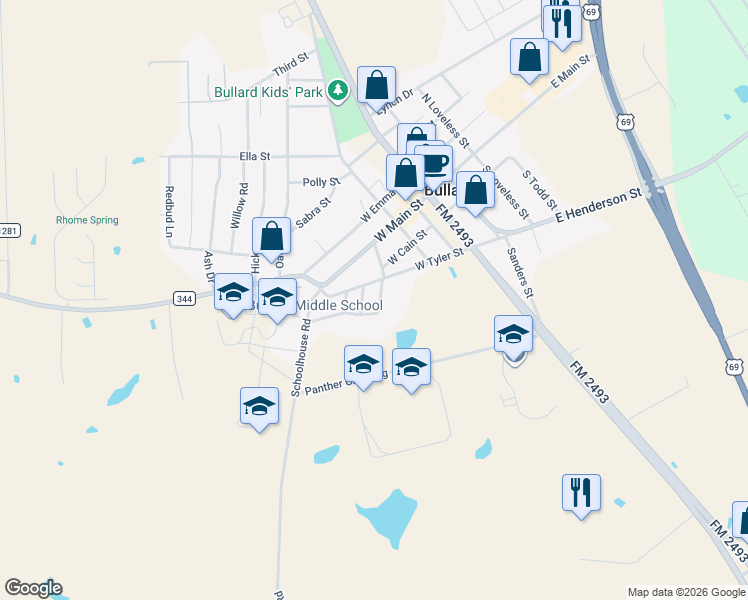 map of restaurants, bars, coffee shops, grocery stores, and more near 310 South Hunter Street in Bullard