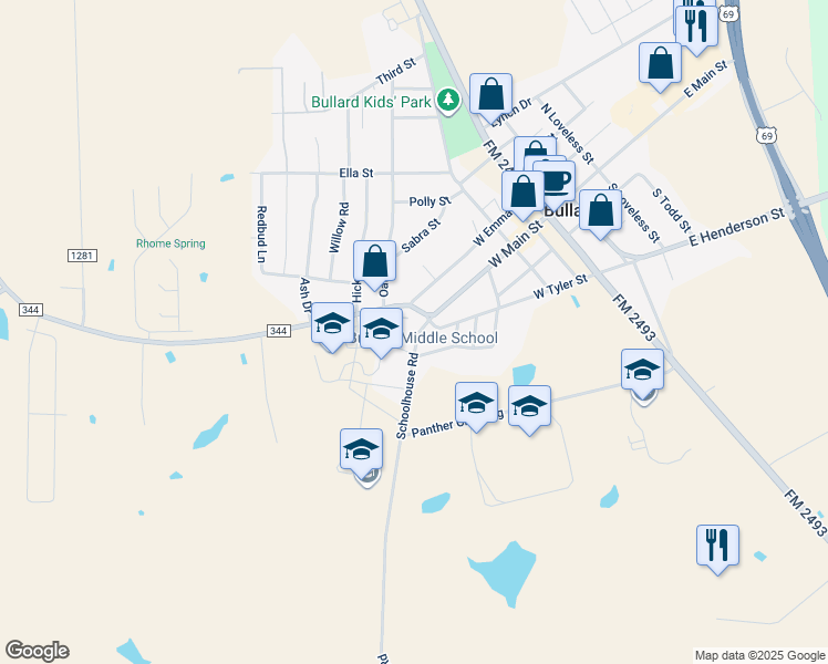 map of restaurants, bars, coffee shops, grocery stores, and more near 116 Schoolhouse Road in Bullard