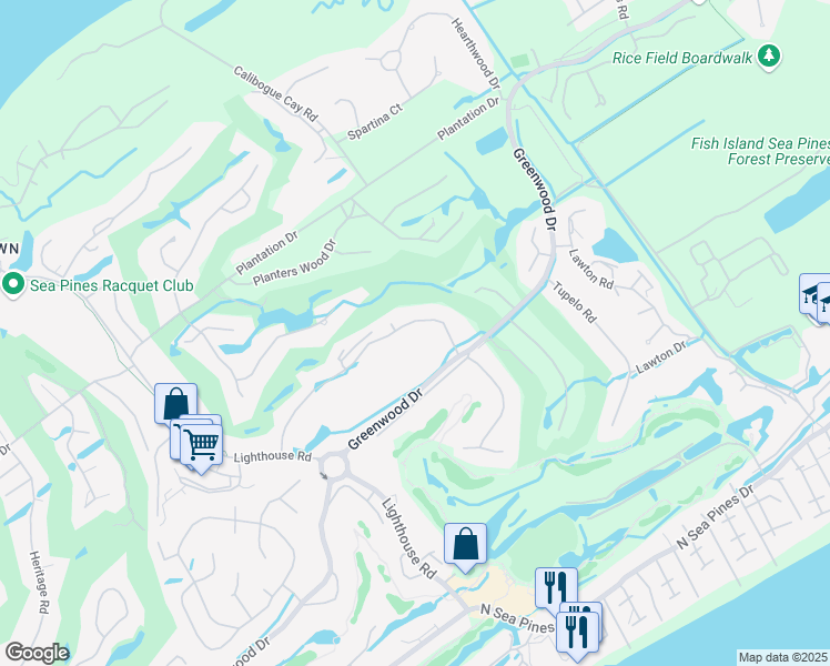 map of restaurants, bars, coffee shops, grocery stores, and more near 13 Willow Oak Road West in Hilton Head Island