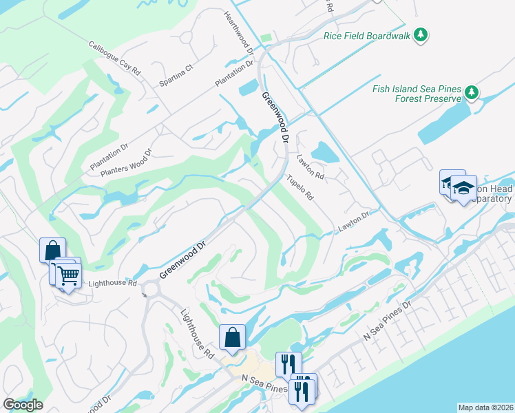 map of restaurants, bars, coffee shops, grocery stores, and more near 2 Red Maple Road in Hilton Head Island