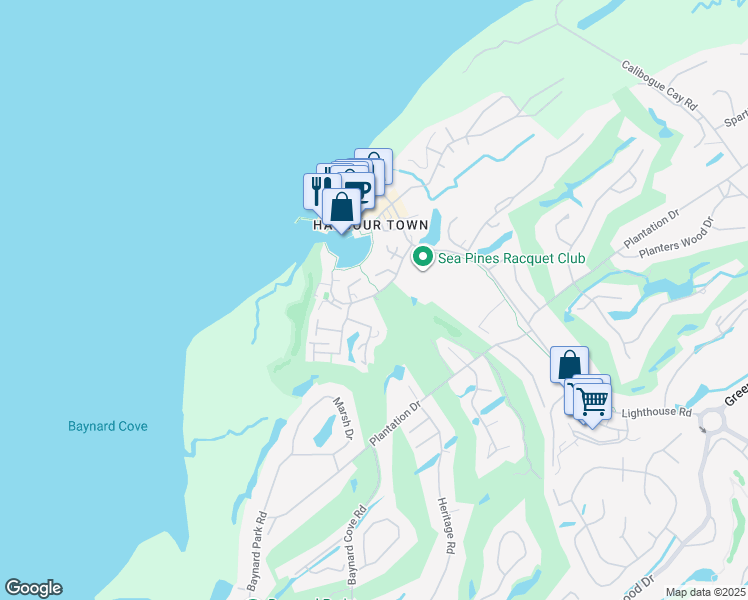 map of restaurants, bars, coffee shops, grocery stores, and more near 31 Lighthouse Lane in Hilton Head Island