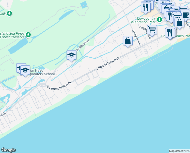 map of restaurants, bars, coffee shops, grocery stores, and more near 7 Cassina Lane in Hilton Head Island