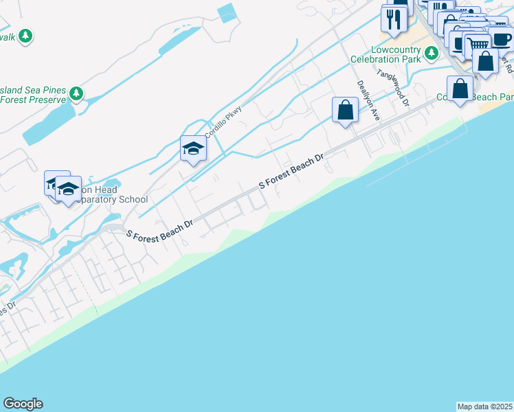 map of restaurants, bars, coffee shops, grocery stores, and more near 7 Cassina Lane in Hilton Head Island