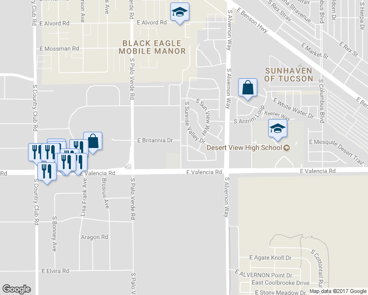 map of restaurants, bars, coffee shops, grocery stores, and more near 6400 South Bright Sun Avenue in Tucson