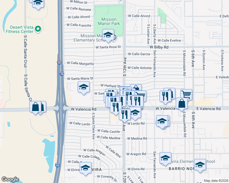 map of restaurants, bars, coffee shops, grocery stores, and more near 634 West Santa Paula Street in Tucson
