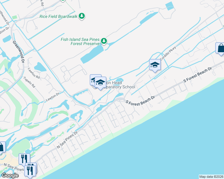 map of restaurants, bars, coffee shops, grocery stores, and more near 37 Night Heron Lane in Hilton Head Island
