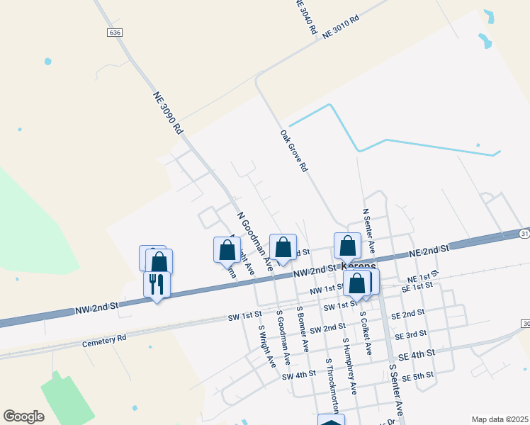 map of restaurants, bars, coffee shops, grocery stores, and more near 501 Overlook Drive North in Kerens