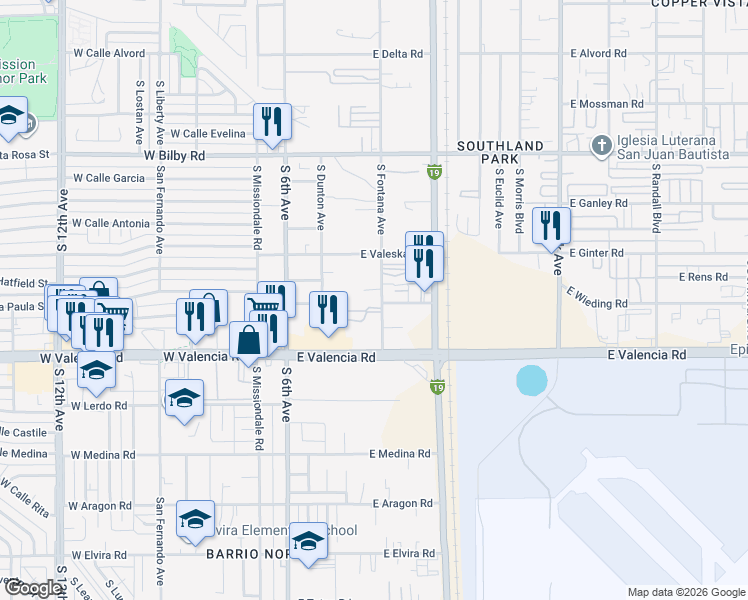 map of restaurants, bars, coffee shops, grocery stores, and more near 6370 South Fontana Avenue in Tucson