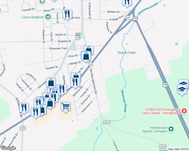 map of restaurants, bars, coffee shops, grocery stores, and more near 1505-1699 Old Nacogdoches Road in Henderson