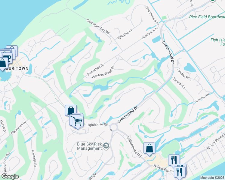 map of restaurants, bars, coffee shops, grocery stores, and more near 22 Ridgewood Lane in Hilton Head Island