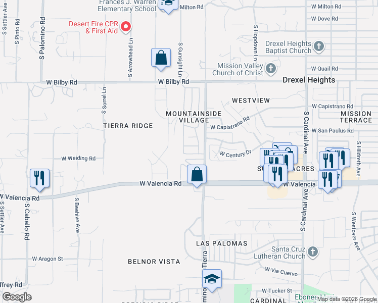 map of restaurants, bars, coffee shops, grocery stores, and more near 3396 West Grovesnor Place in Tucson