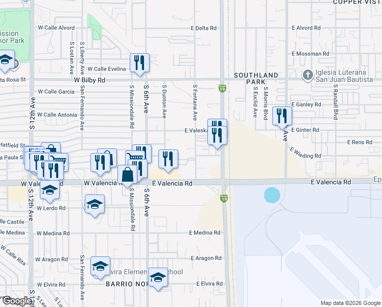 map of restaurants, bars, coffee shops, grocery stores, and more near 6370 South Fontana Avenue in Tucson