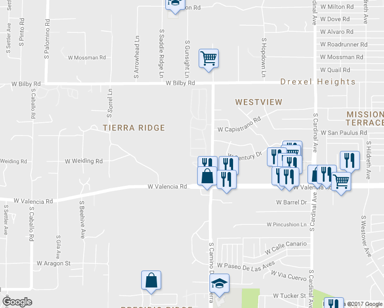 map of restaurants, bars, coffee shops, grocery stores, and more near 3396 West Grovesnor Place in Tucson