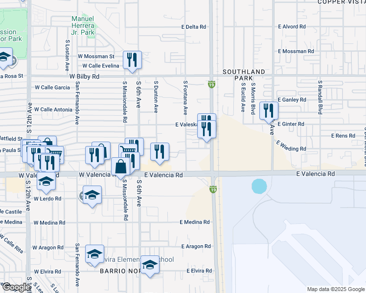 map of restaurants, bars, coffee shops, grocery stores, and more near 6370 South Fontana Avenue in Tucson