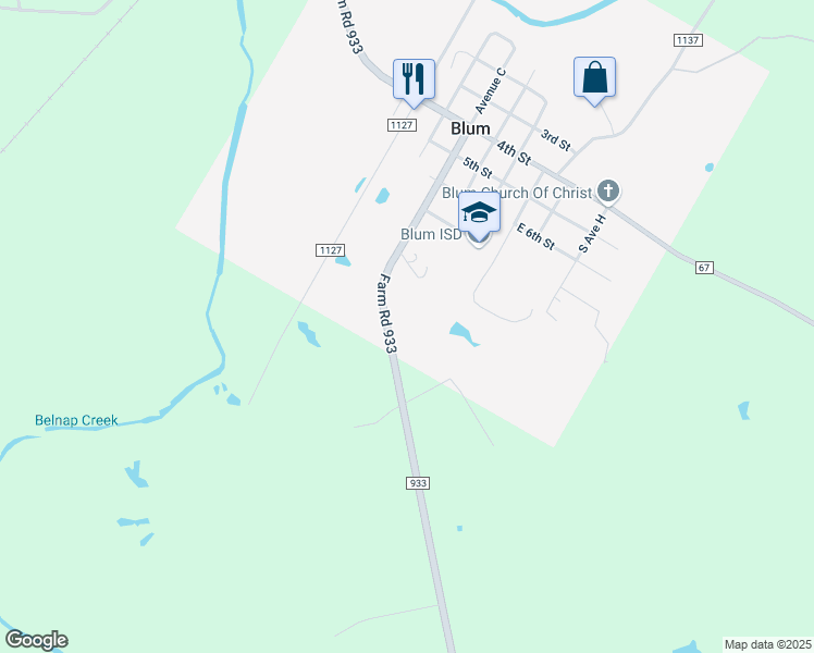 map of restaurants, bars, coffee shops, grocery stores, and more near 513 Farm to Market Road 933 in Blum