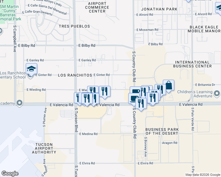 map of restaurants, bars, coffee shops, grocery stores, and more near 6391 South Calle De Leon in Tucson