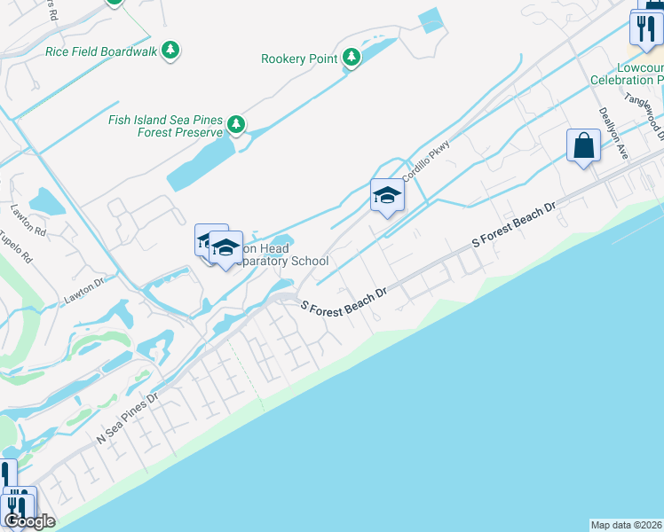 map of restaurants, bars, coffee shops, grocery stores, and more near 219 Cordillo Parkway in Hilton Head Island