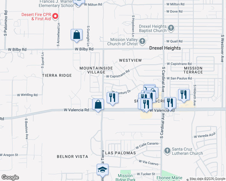 map of restaurants, bars, coffee shops, grocery stores, and more near 3229 West Century Drive in Tucson