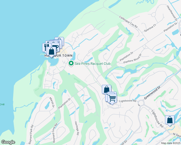 map of restaurants, bars, coffee shops, grocery stores, and more near 101 Lighthouse Road in Hilton Head Island